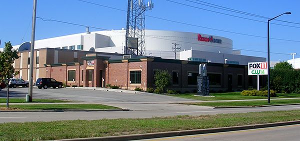 Present day image of WLUK's facility, with the building since expanded to accommodate a news and content center and signage altered to recognize its s