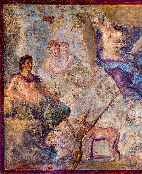 Endymion as hunter (with a dog), sitting on rocks in a landscape, holding two spears, looking at Selene who descends to him. Antique fresco from Pompe