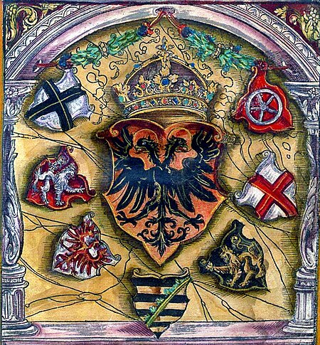 Coats of arms of prince electors surround the imperial coat of arms; from a 1545 armorial. Electors voted in an Imperial Diet for a new Holy Roman Emperor. Wapen 1545 Kaiserwappen des Heiligen Romischen Reichs Polychromie.jpg