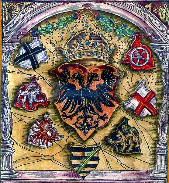 The coats of arms of prince electors surround the Holy Roman Emperor's, from flags book of Jacob Köbel (1545).
