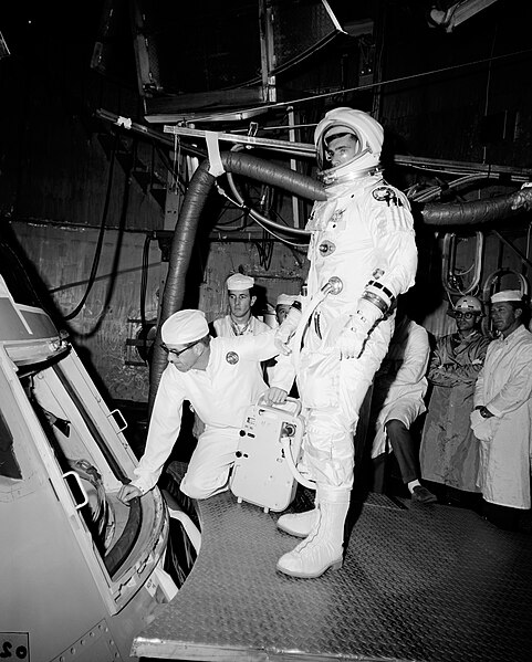 File:White, Grissom and Chaffee Apollo Spacecraft Prime Apollo Crew and CM 012 During Manned Altitude at Bldg. Hi Bay.jpg