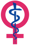 Логотип жіночого здоров'я складається з рожевого «дзеркала Венери» та синьої символіки медицини