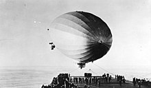 USS Los Angeles ties up aboard Saratoga in January 1928, the first time a rigid airship had been moored to an aircraft carrier