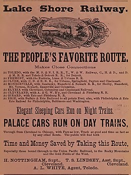 "Lake Shore Railway" 1868 ad from, Scott's Annual Toledo City Directory "Lake Shore Railway" "The People's Favorite Route" 1868 ad - from, Scott's Annual Toledo City Directory (IA toledocitydir1868scot) (page 389 crop).jpg