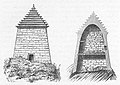 Utvändig vy av en tjetjensk grav med pyramidformad täckning, till höger är en del av samma grav.  Teckning av Vsevolod Miller 1886