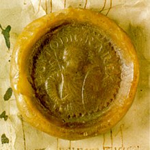 The royal seal of Otto I shows the king with lance and shield. It was in use from 936 to 961. 016 ottosiegel 1.jpg