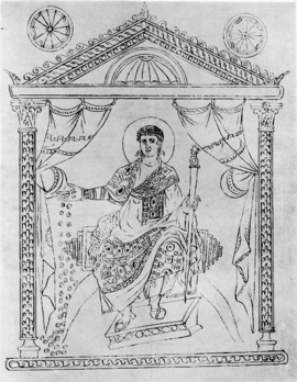 Portrait of Constantius II, dispensing largesse, from part 7 of the Barberini MS 07 constantius2Chrono354.png