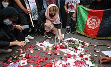 Gathering outside Afghan embassy in Tehran to condemn the 2021 Kabul school bombing 14000221001032637563654097188712 tjm` dnshjwyn dr mHkhwmyt Hmlh trwrysty khbl.jpg