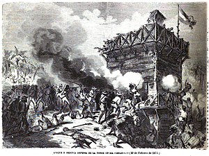 1871-05-05, Španělská a americká ilustrace, Útok a hrdinská obrana optické věže Colón (20. února 1871).jpg