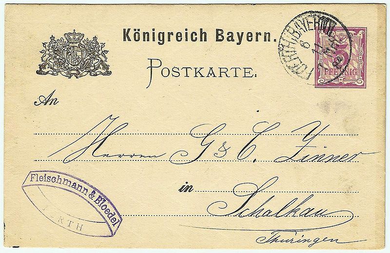 File:1884-11-06 Fleischmann & Bloedel, Fürth, Postkarte Königreich Bayern, Adressseite.jpg