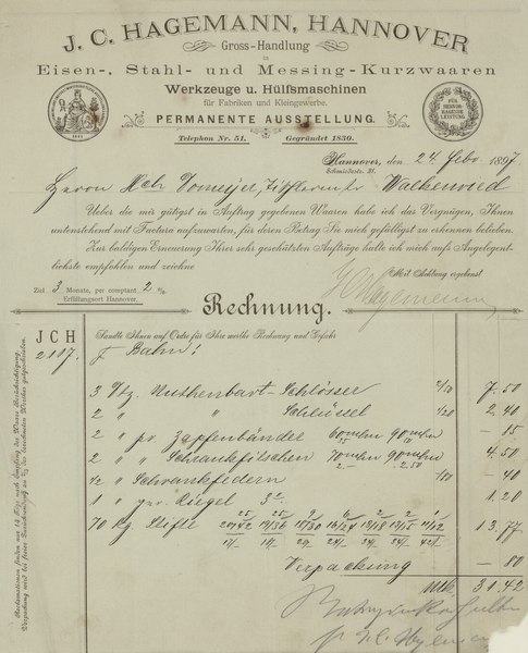 File:1897-02-24 J. C. Hagemann, ausgefüllter Rechnungsvordruck an Tischlermeister Domeyer, Walkenried.tif