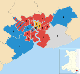 2004 election results map, showing numbers of councillors per ward and their party affiliations 2004 Newport City Council election results map.png