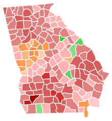 Primary results by county.
Map legend
.mw-parser-output .legend{page-break-inside:avoid;break-inside:avoid-column}.mw-parser-output .legend-color{display:inline-block;min-width:1.25em;height:1.25em;line-height:1.25;margin:1px 0;text-align:center;border:1px solid black;background-color:transparent;color:black}.mw-parser-output .legend-text{}
Isakson--100%
Isakson--80-90%
Isakson--70-80%
Isakson--60-70%
Isakson--50-60%
Isakson--40-50%
Isakson--30-40%
Cain--60-70%
Cain--50-60%
Cain--40-50%
Collins--70-80%
Collins--60-70%
Collins--50-60%
Collins--40-50%
Collins--30-40% 2004 United States Senate election in Georgia Republican Primary results map by county.svg