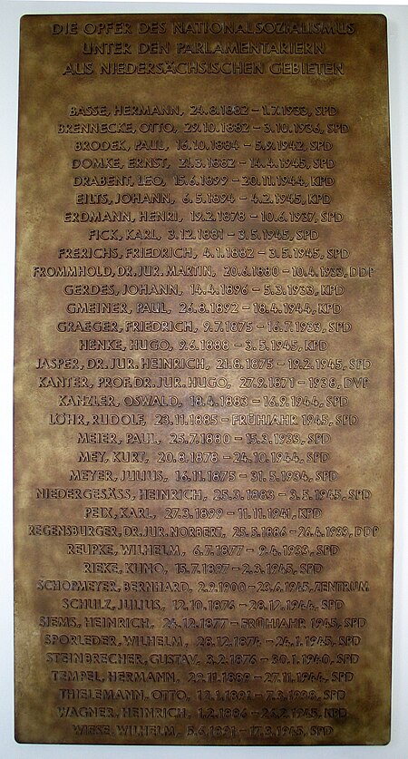 2007 Gedenktafel vom Landtag Niedersachsen im Leineschloss, Die Opfer des Nationalsozialismus unter den Parlamentariern aus niedersächsischen Gebieten