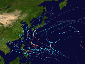 Map showing the paths of multiple storms represented by several dotted lines. Each dot denotes the storm's position at six-hour intervals, while its color denotes the storm's intensity at that position.