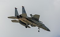 A US Air Force F-15C Eagle, tail number 83-0046, on final approach at Kadena Air Base in Okinawa, Japan