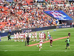 Hull Kingston Rovers depart the pitch as a red carpet is laid prior to the 2023 Challenge Cup Final.