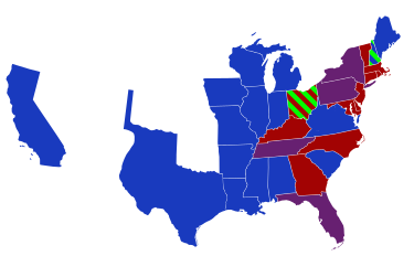 Senators' party membership by state at the opening of the 31st Congress in March 1849. The green stripes represent Free Soil. California's senators were not seated until September 10, 1850.
.mw-parser-output .legend{page-break-inside:avoid;break-inside:avoid-column}.mw-parser-output .legend-color{display:inline-block;min-width:1.25em;height:1.25em;line-height:1.25;margin:1px 0;text-align:center;border:1px solid black;background-color:transparent;color:black}.mw-parser-output .legend-text{}
2 Democrats
1 Democrat and 1 Whig
2 Whigs 31st United States Congress Senators.svg