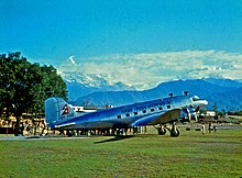 A Nepal Airlines DC-3 at Pokhara Airport in 1971 412a Pokhara RNAC DC3, Nepal 1971 (51296670854).jpg