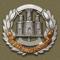 Badge of the 4th Battalion, the Northamptonshire Regiment, of the period 1908 to 1917. Since this is the badge of a Territorial battalion, the scrolls which, on the badge of the regular battalions, carried the battle honours Gibraltar and Talavera are here blank. 4NorthantsRegtBadge.jpg