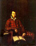 Posthumous portrait of Alexander Pushkin by Carl Peter Mazer, 1839, shows him in a red and green tartan dressing gown.[762]