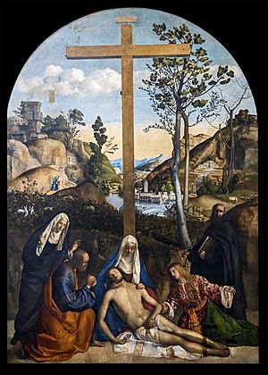 Accademia - Compianto sul Cristo morto mit Giuseppe d'Arimatea, der Vergine und der Maddalena, tra s. Marta und Filippo Benizi di Giovanni Bellini.jpg