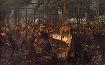 Steelwork in Königshütte, production of railway tracks, painting by Adolph Menzel.