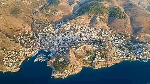 Aerial view of the port city of Hydra on Hydra Island