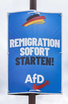 AfD-Wahlplakat mit Text in Versalien: "Remigration sofort starten!"