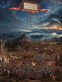 Albrecht Altdorfer painting The Battle of Issus is probably the earliest painting to show the curvature of the Earth from a great height. Albrecht Altdorfer - Schlacht bei Issus (Alte Pinakothek, Munchen) - Google Art Project.jpg