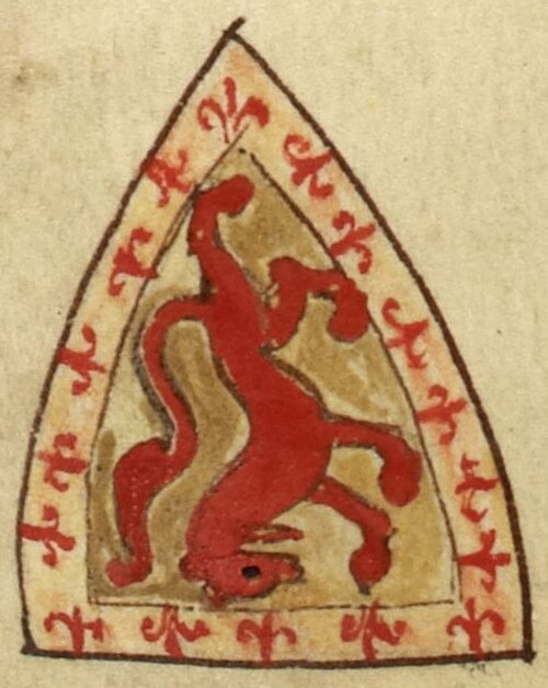 The arms of Alexander II depicted on folio 146v of British Library Royal 14 C VII (Historia Anglorum). The inverted shield represents the king's death
