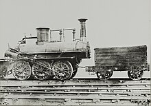 One of several six coupled steam locomotives operated by the railway. Alfred Kitching Darlington, Stockton and Darlington Railway Company (Ans 05373-0882).jpg