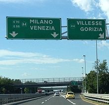 Signs on A4 indicating connection to A34 Allacciamento A4-A34.JPG