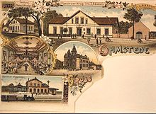 Alt-Ohmstede Ansichtskarte von ca. 1896: Der „Ohmsteder Krug“, die Villa des Brauerei-Besitzers Haslinde, das Haus des Gemeindevorstehers Hanken und der neue Bahnhof