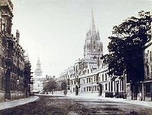 19th century photograph of the High Street looking west with University College on the left and the spires of the University Church of St Mary the Virgin and All Saints Church in the distance. Arthur James Melhuish (XIX. century) View of High Street Oxford SFMOMA.jpg