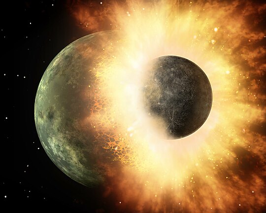 Artist's depiction of a collision between two planetary bodies. Such an impact between Earth and a Mars-sized object likely formed the Moon.