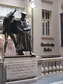 Sculpture of Mephistopheles bewitching the students in the scene "Auerbachs Keller" from Faust, at the entrance of what is today the restaurant Auerbachs Keller in Leipzig Auerbachs Keller.JPG