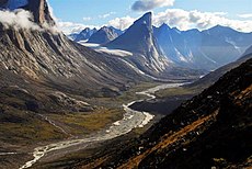 Mount Thor on the rim of Akshayuk Pass, showing the U-shaped glacial valley