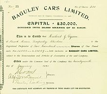 Share of the Baguley Cars Ltd, issued 29 January 1913 Baguley Cars Ltd 1913.jpg