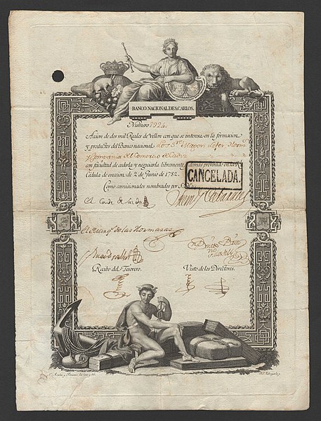 Share of the Banco Nacional de San Carlos, issued 2 June 1782