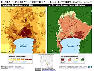 Bangkok population density and low elevation coastal zones. Bangkok is especially vulnerable to sea level rise. Bangkok, Thailand Population Density and Low Elevation Coastal Zones (5457306973).jpg