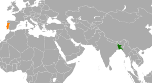 Mapa indicando localização de Bangladesh e da Portugal.