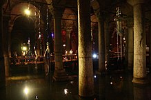 Inside Basilica Cistern, with water below and tourists above Basilica cistern Art.jpg