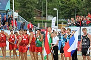 Deutsch: Beachhandball Europameisterschaften 2019 (Beach handball Euro); Tag 6: 7. Juli 2019 – Spiel um Platz Drei, Männer, Ungarn-Russland 2:0 (26:20, 23:22) English: Beach handball Euro; Day 6: 7 July 2019 – Men's Bronze Medal Match – Hungary-Russia 2:0 (26:20, 23:22)