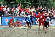 Deutsch: Beachhandball Europameisterschaften 2019 (Beach handball Euro); Tag 3: 4. Juli 2019 – Männer, Hauptrunde Gruppe II, Ungarn-Schweiz 2:0 (26:24, 27:24) English: Beach handball Euro; Day 3: 4 July 2019 – Men Main Round Group II – Hungary-Switzerland 2:0 (26:24, 27:24)