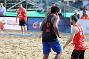 Deutsch: Beachhandball Europameisterschaften 2019 (Beach handball Euro); Tag 1: 2. Juli 2019 – Männer, Vorrunde Gruppe D, Frankreich-Montenegro 2:0 (19:7, 18:9) English: Beach handball Euro; Day 1: 2 July 2019 – Men Preliminary Round Group D – France-Montenegro 2:0 (19:7, 18:9)