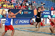 Deutsch: Beachhandball Europameisterschaften 2019 (Beach handball Euro); Tag 1: 2. Juli 2019 – Männer, Vorrunde Gruppe D, Polen-Schweden 2:1 (18:10, 15:9; 8:6) English: Beach handball Euro; Day 1: 2 July 2019 – Men Preliminary Round Group D – Poland-Sweden 2:1 (18:10, 15:9; 8:6)