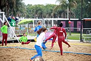 Deutsch: Beachhandball bei den Olympischen Jugendspielen 2018; Tag 6, 11. Oktober 2018; Mädchen, Platzierungsspiel um Platz 7 - Russland-Venezuela 2:0 English: Beach handball at the 2018 Summer Youth Olympics at 11 October 2018 – Girl's Placement Match 7-8 – Russia-Venezuela 2:0