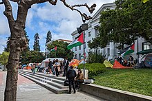 At the University of California, Berkeley, the encampment was dismantled after reaching an agreement with the university. Berkeley Free Palestine Camp 6 (cropped).jpg