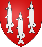 The canting arms of the Anglo-Norman de Lucy (or de Luci) family display three Esox lucius Blason Lucy de Cockermouth (selon Gelre).svg
